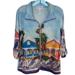 Ellen Negley Art & Sol‎ Women's Zip Up Tropical Beach House Jacket Petite MD